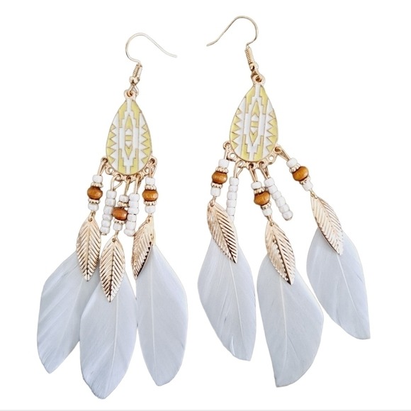 Gold & white Boho feather earrings beaded tassel long drop festival 💖2/$30 - Picture 5 of 11